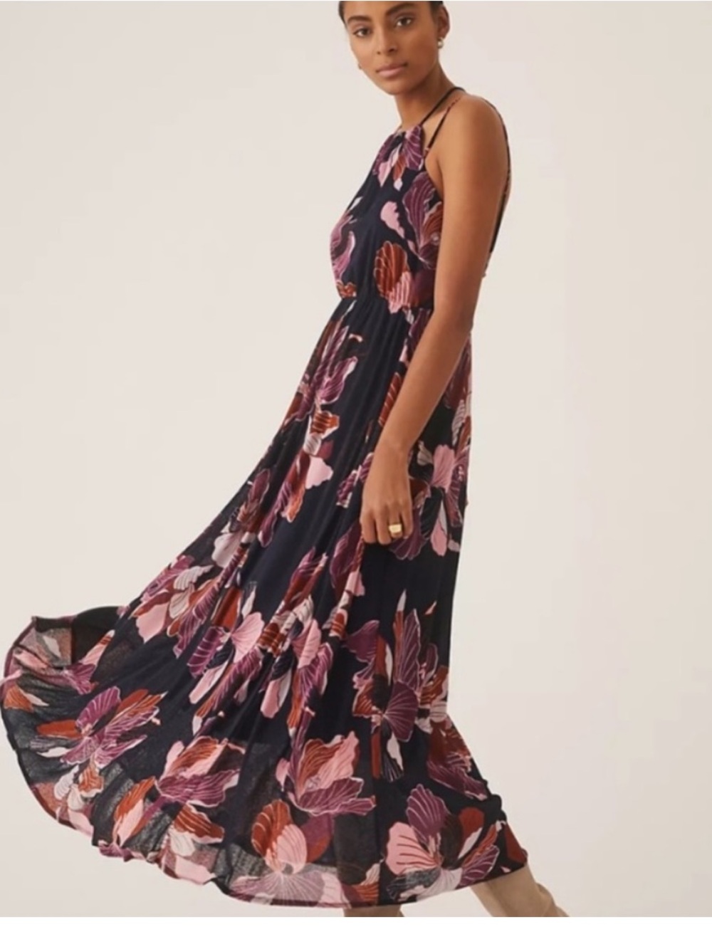 Anthropologie Dark Navy Bohemian Floral Tiered Halter Maxi Dress Size XS